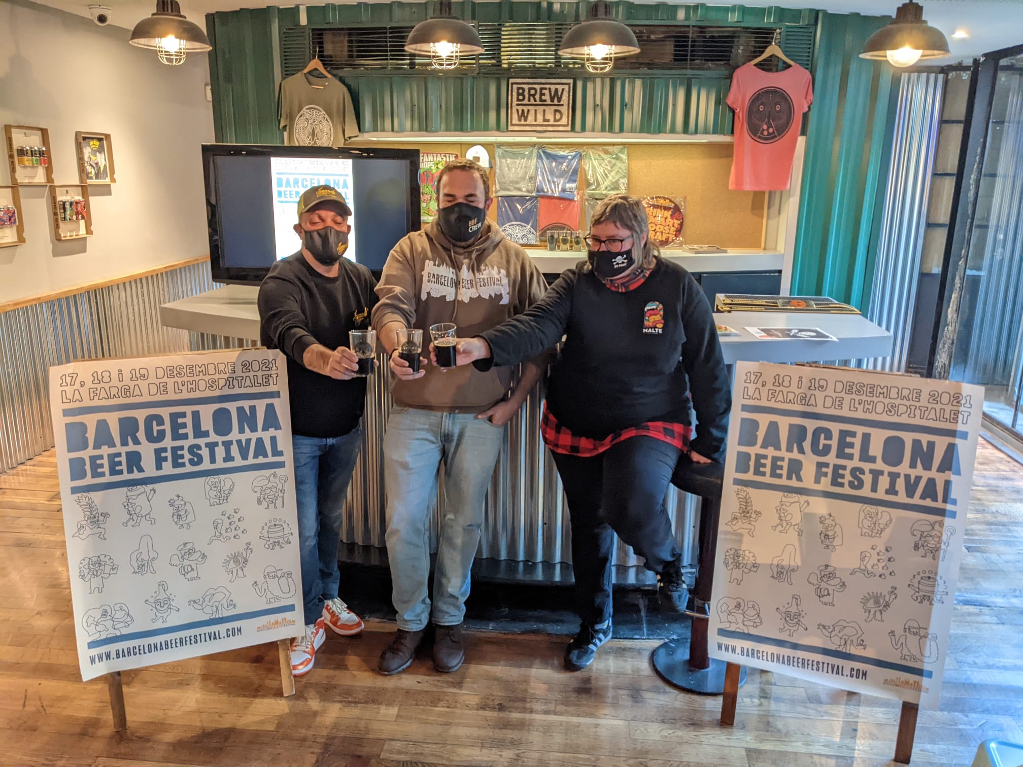 Xavier Pereira, a brewer with Engorile Beer, Mikel Rius, director of the Barcelona Beer Fest, and Judit Càrtex, from the Catalan Guild of Craft Beer, present the 2021 Barcelona Beer Festival (by Cillian Shields)